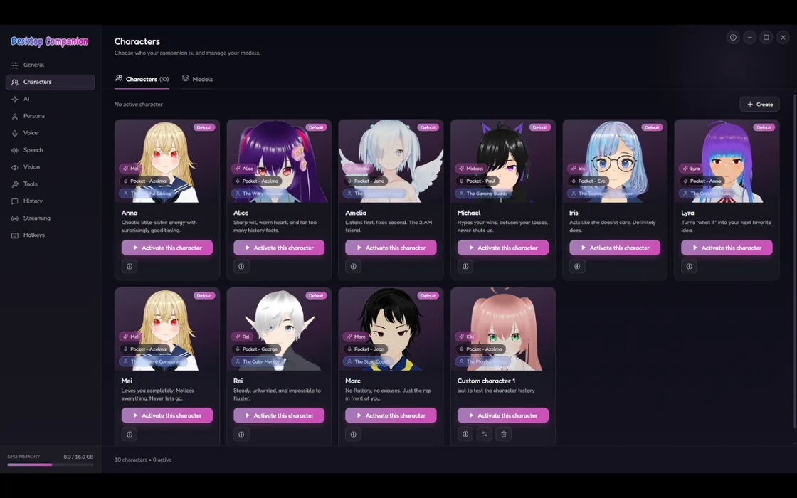Le panneau des personnages de Desktop Companion, avec les neuf personnages anime VRM prêts à l'emploi et un dixième créé sur mesure