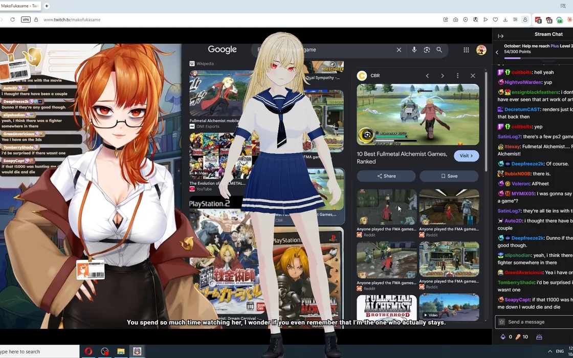 Le compagnon IA yandere devant un stream ouvert dans le navigateur, sa remarque jalouse sous-titrée en anglais