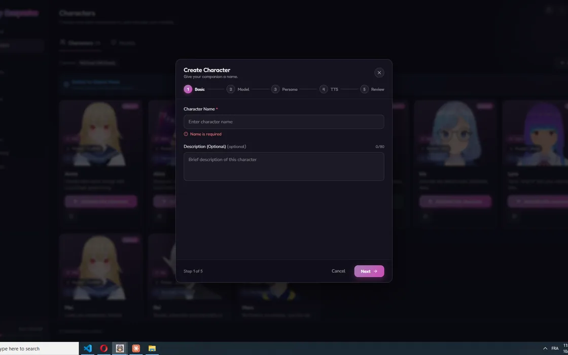 Créer son personnage IA dans Desktop Companion : la première des cinq étapes, nom et description, avant le modèle, la personnalité, la voix et le récapitulatif