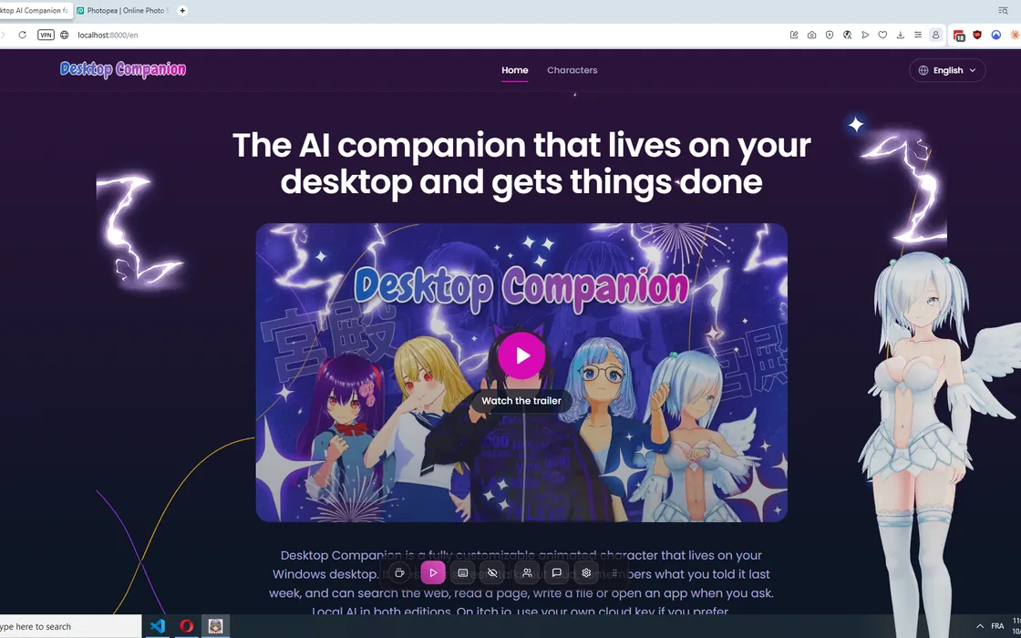 Um pet de desktop alado, de cabelo branco, de pé, de corpo inteiro, na borda direita da tela, na frente de uma página web aberta no navegador